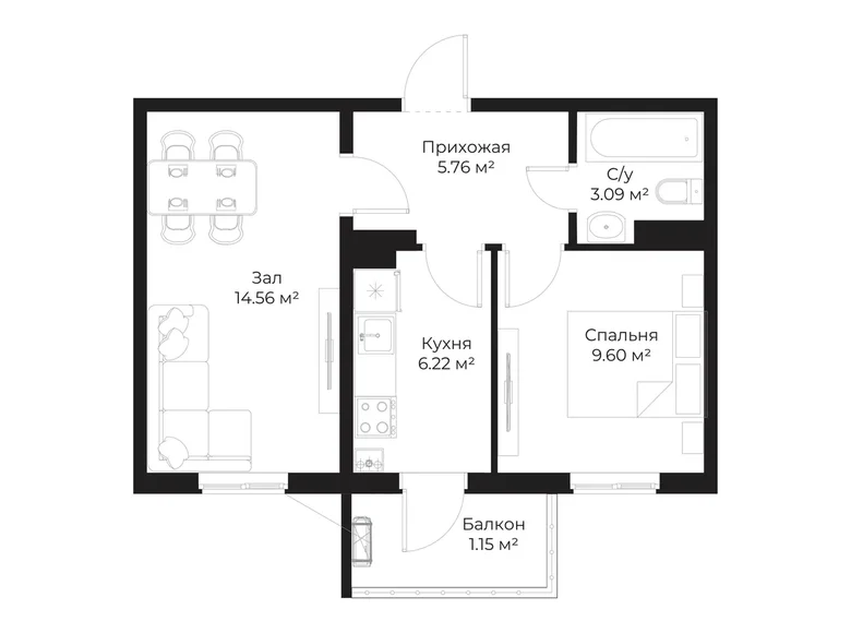 Квартира 2 комнаты 40 м² Ташкент, Узбекистан