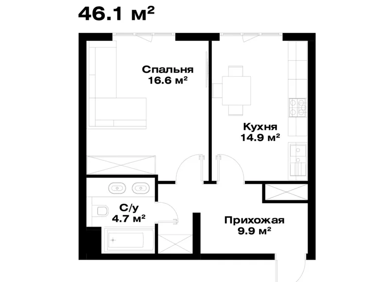 Kvartira 1 xona 46 m² Toshkentda