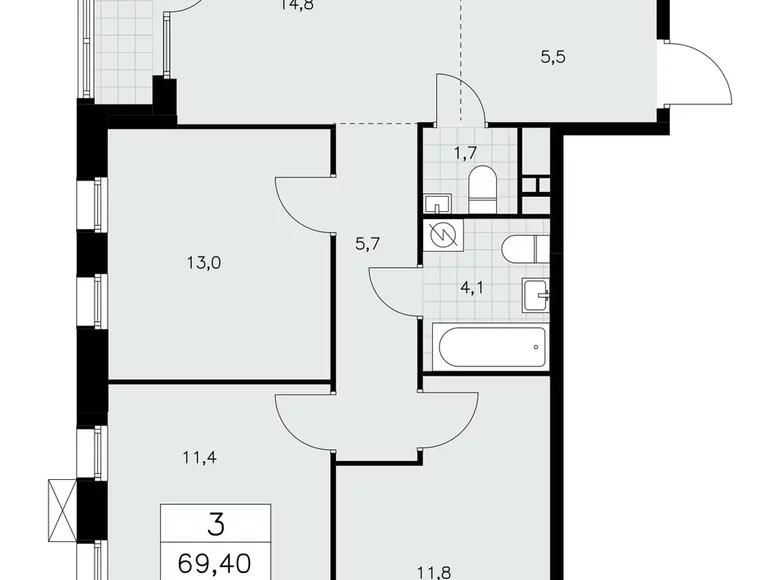 Mieszkanie 3 pokoi 69 m² poselenie Sosenskoe, Rosja