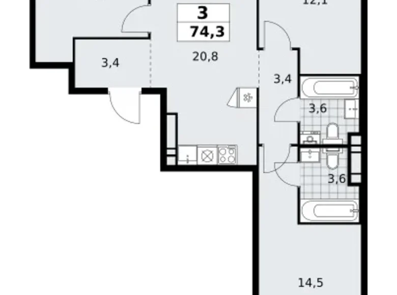 Appartement 3 chambres 74 m² poselenie Sosenskoe, Fédération de Russie