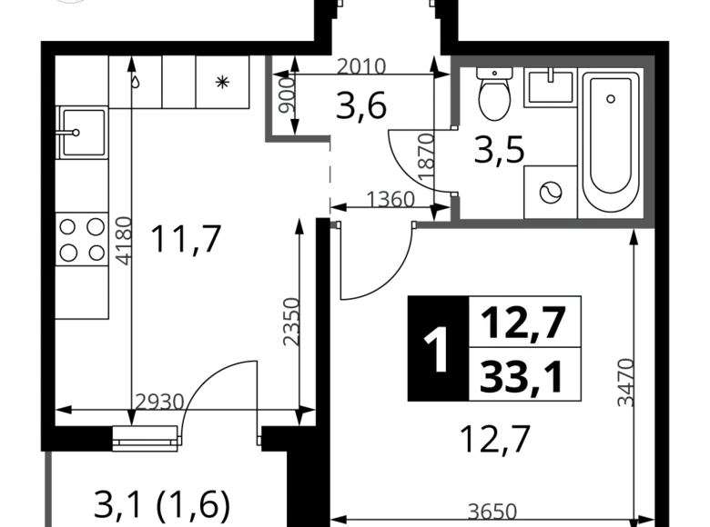 1 room apartment 33 m² Leninsky District, Russia