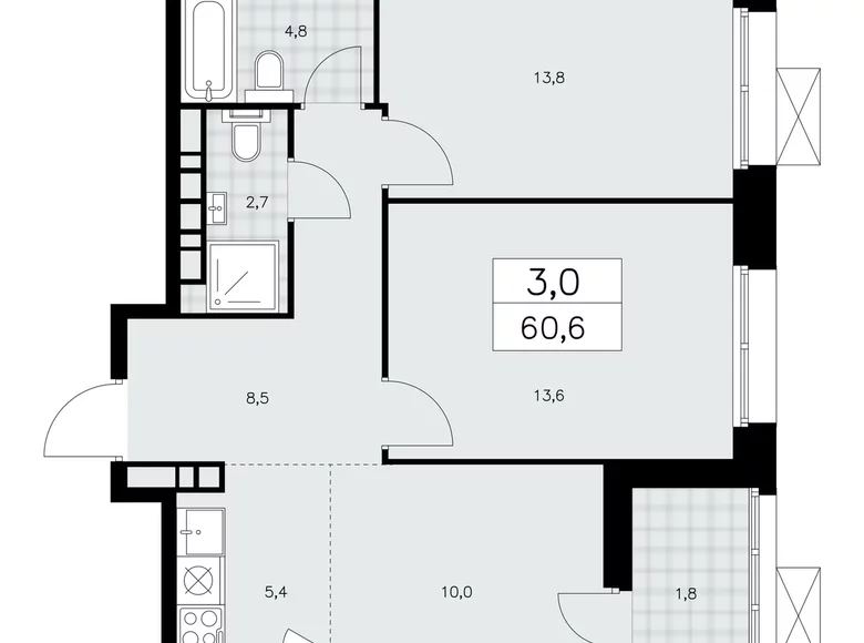 Apartamento 3 habitaciones 61 m² poselenie Sosenskoe, Rusia