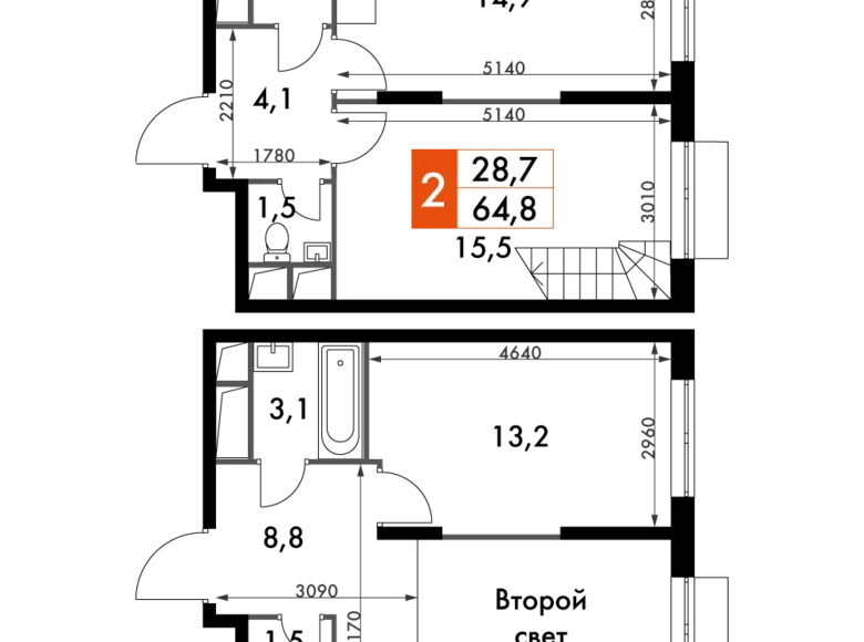 Mieszkanie 2 pokoi 65 m² Razvilka, Rosja