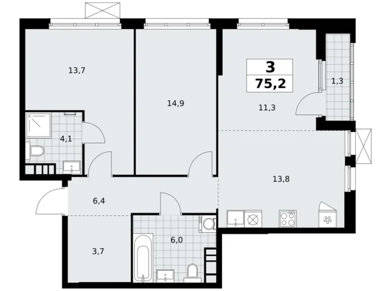 Квартира 3 комнаты 75 м² Юго-Западный административный округ, Россия