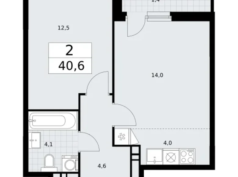 2 room apartment 41 m² Vnukovo, Russia