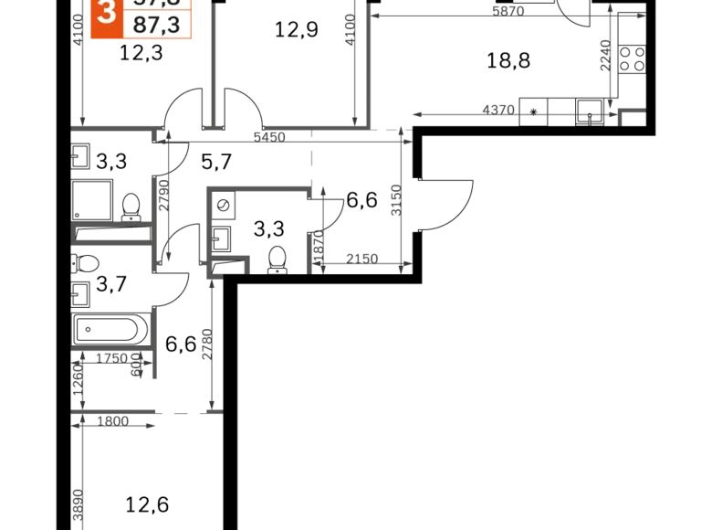 Квартира 3 комнаты 87 м² Москва, Россия