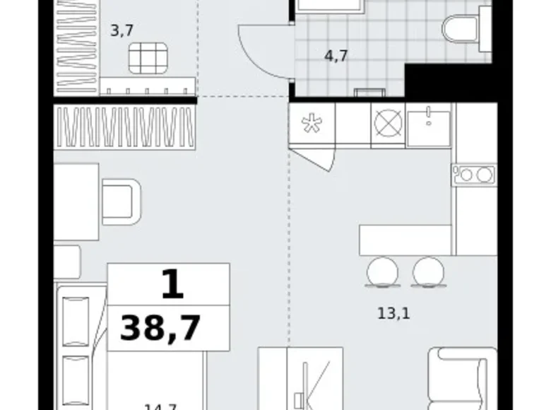 1 room apartment 39 m² Kommunarka, Russia