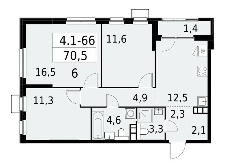 3 room apartment 71 m² South-Western Administrative Okrug, Russia