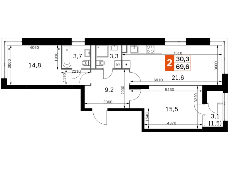 Квартира 2 комнаты 70 м² Москва, Россия