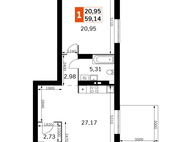 Mieszkanie 1 pokój 59 m² Odincovskiy gorodskoy okrug, Rosja