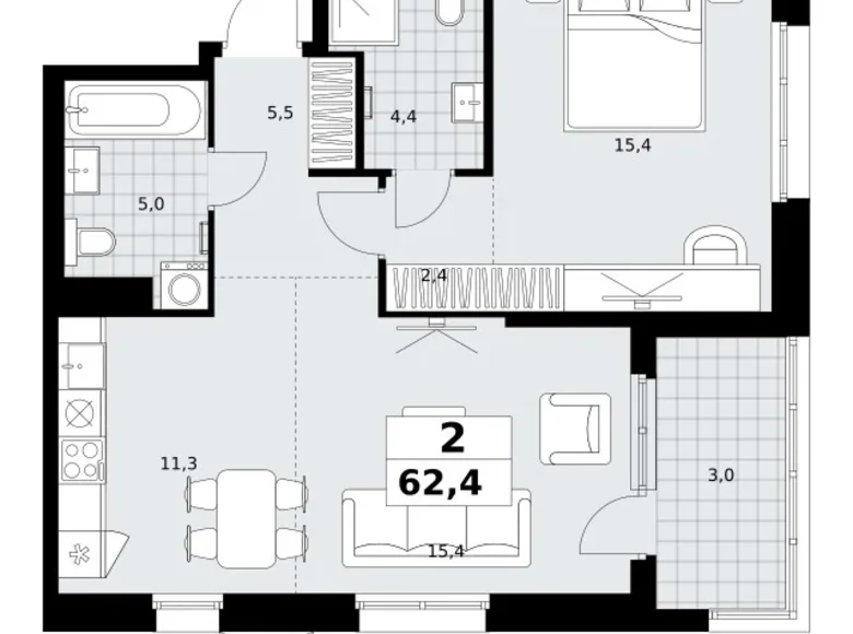 2 room apartment 62 m² Kommunarka, Russia