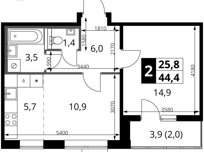 Wohnung 2 Zimmer 44 m² Leninsky District, Russland