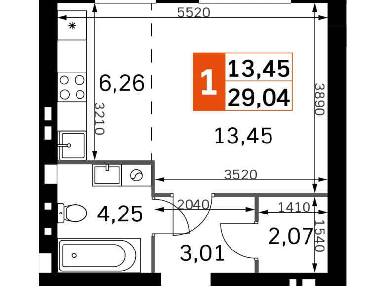 Квартира 1 комната 29 м² Одинцовский городской округ, Россия