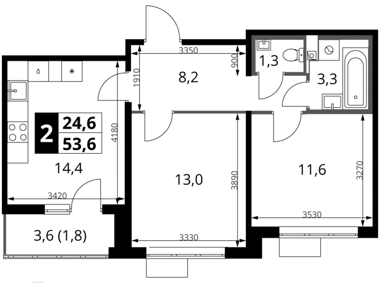 Mieszkanie 2 pokoi 54 m² rejon leniński, Rosja