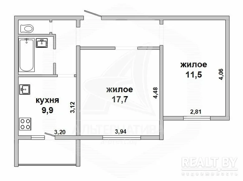 2 room apartment 53 m² Brest, Belarus