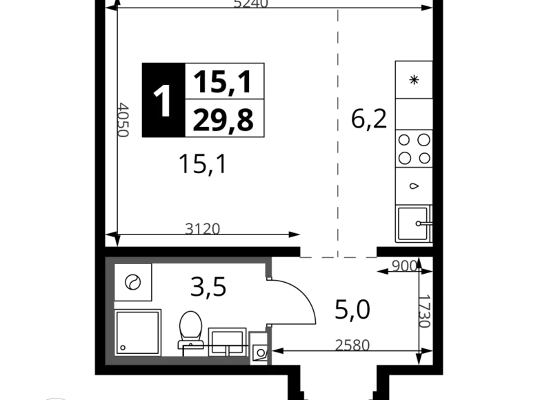 Студия 1 комната 30 м² Ленинский район, Россия