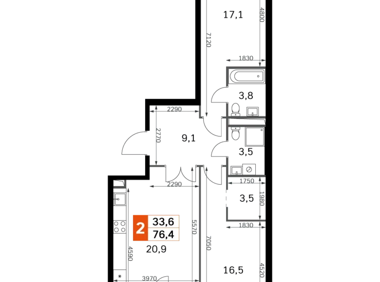 Mieszkanie 2 pokoi 77 m² Moskwa, Rosja