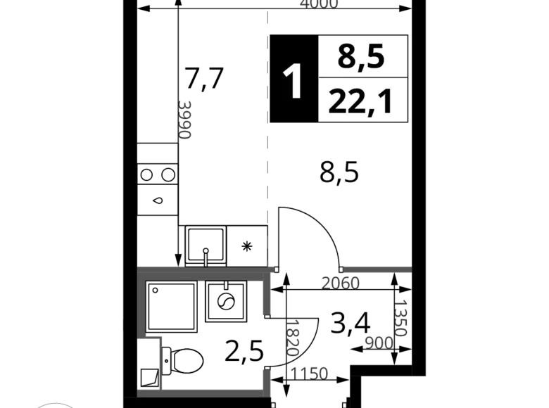 1 room studio apartment 22 m² Khimki, Russia