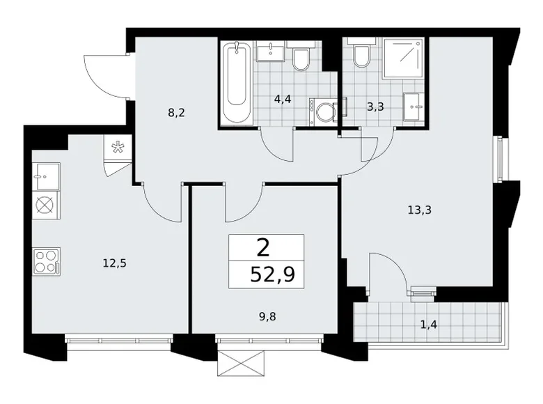 2 room apartment 53 m² Troitsk, Russia