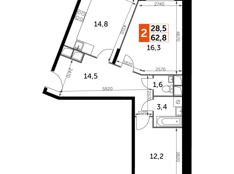 Mieszkanie 2 pokoi 63 m² Razvilka, Rosja