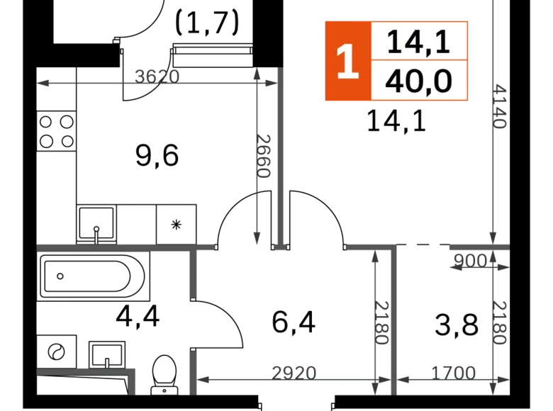 Квартира 1 комната 40 м² Москва, Россия