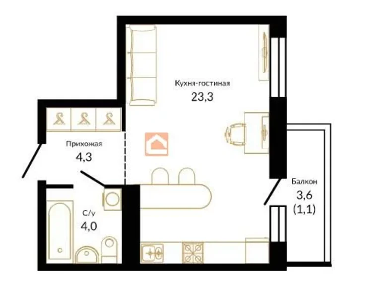 1 room apartment 33 m² Krasnodar, Russia