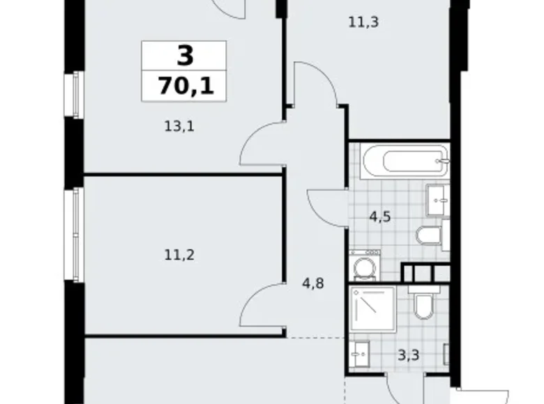 3 room apartment 70 m² South-Western Administrative Okrug, Russia