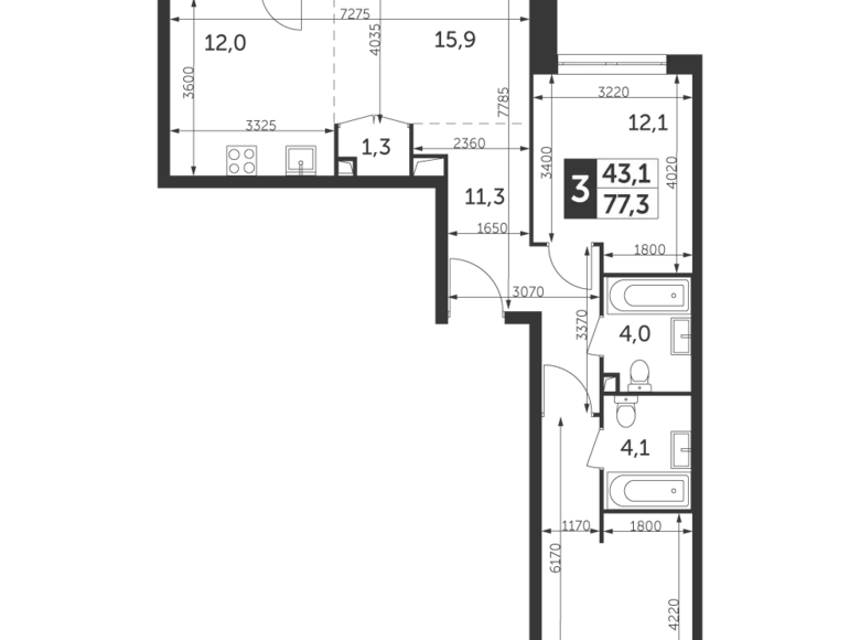 3 room apartment 77 m² North-Eastern Administrative Okrug, Russia