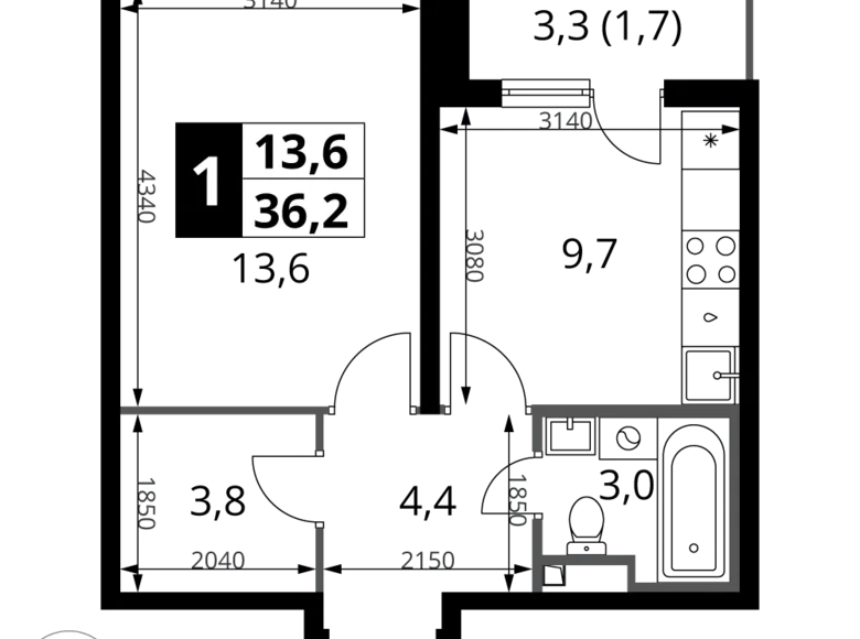 Wohnung 1 Zimmer 36 m² Potapovo, Russland