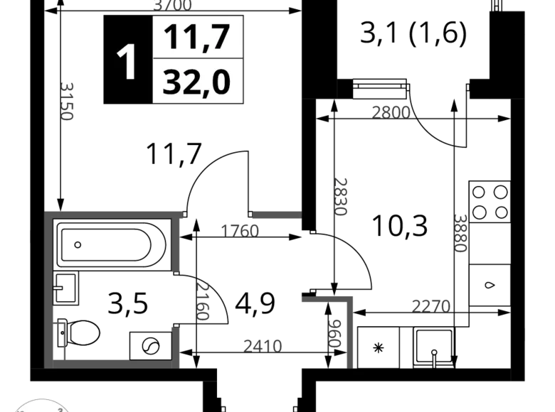 1 room apartment 32 m² Khimki, Russia