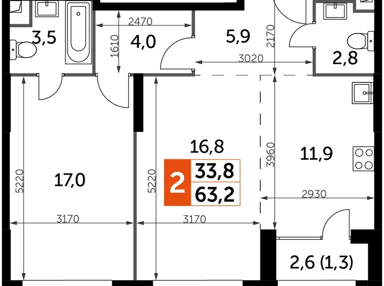 Mieszkanie 2 pokoi 63 m² North-Western Administrative Okrug, Rosja