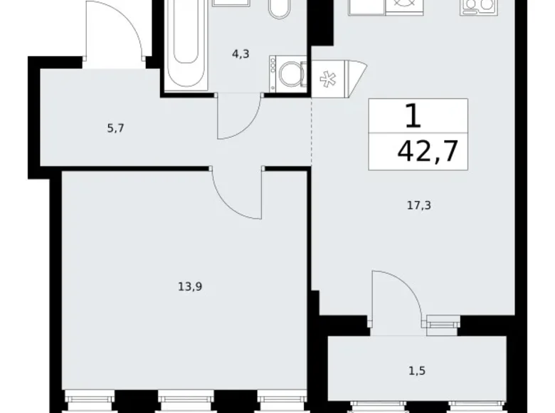 Квартира 1 комната 43 м² район Троицк, Россия