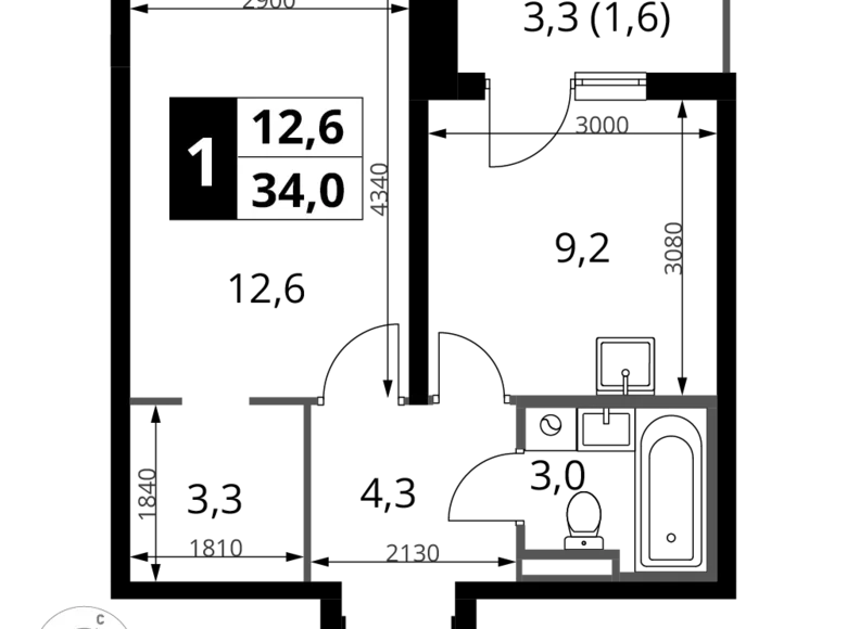 Apartamento 1 habitación 34 m² Potapovo, Rusia