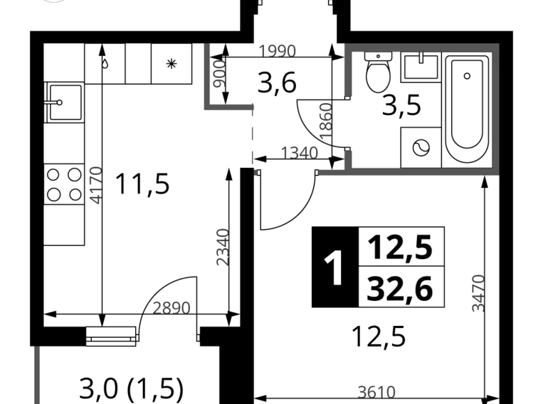 1 room apartment 33 m² Leninsky District, Russia