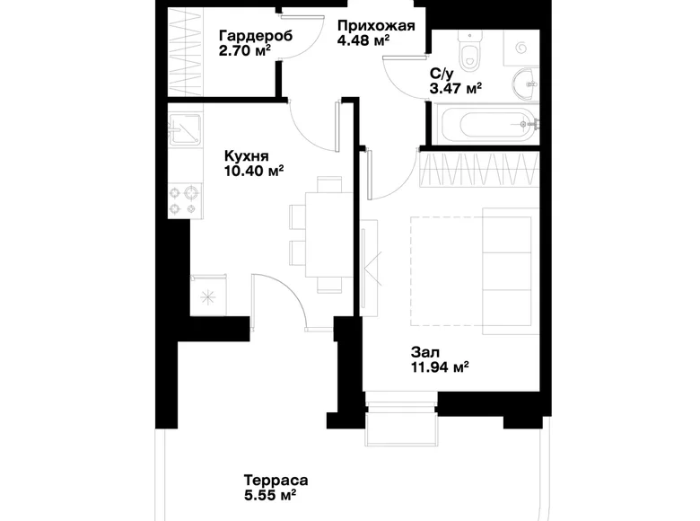 Квартира 1 комната 39 м² Ташкент, Узбекистан