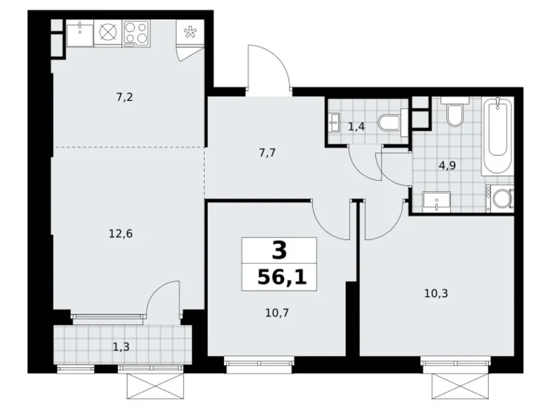 3 room apartment 56 m² South-Western Administrative Okrug, Russia