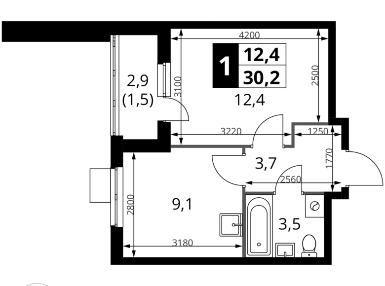 1 room apartment 30 m² Potapovo, Russia