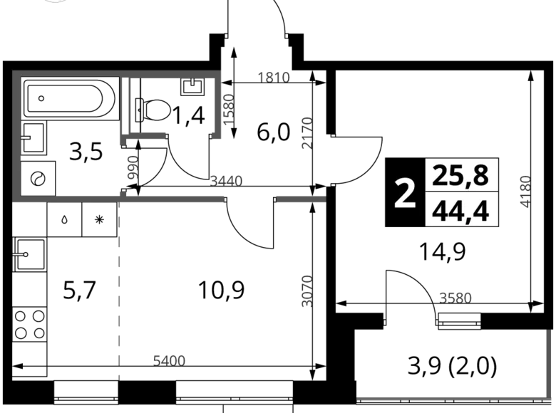 2 room apartment 44 m² Leninsky District, Russia