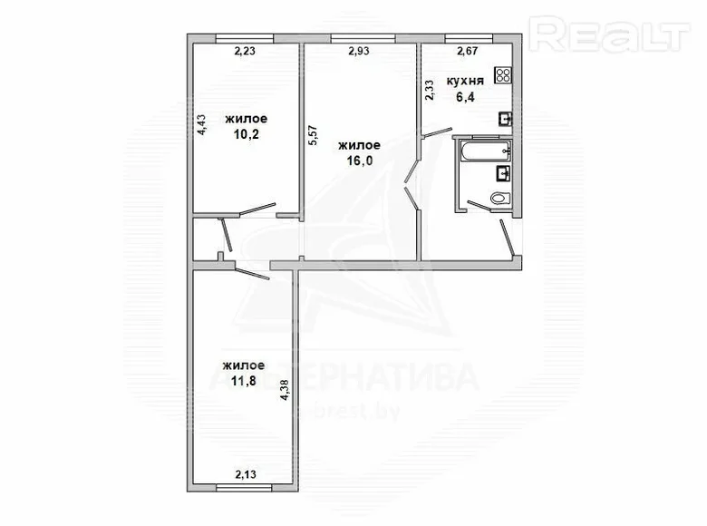 Квартира 3 комнаты 55 м² Брест, Беларусь