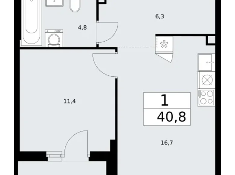 1 room apartment 41 m² Troitsk, Russia