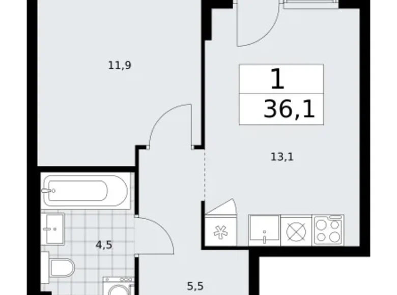 1 room apartment 36 m² Troitsk, Russia
