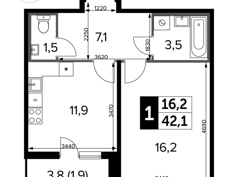 Квартира 1 комната 42 м² Химки, Россия