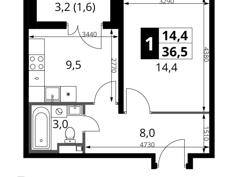 1 room apartment 37 m² Potapovo, Russia