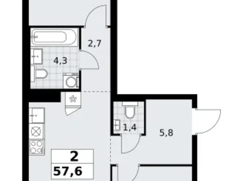2 room apartment 58 m² Troitsk, Russia