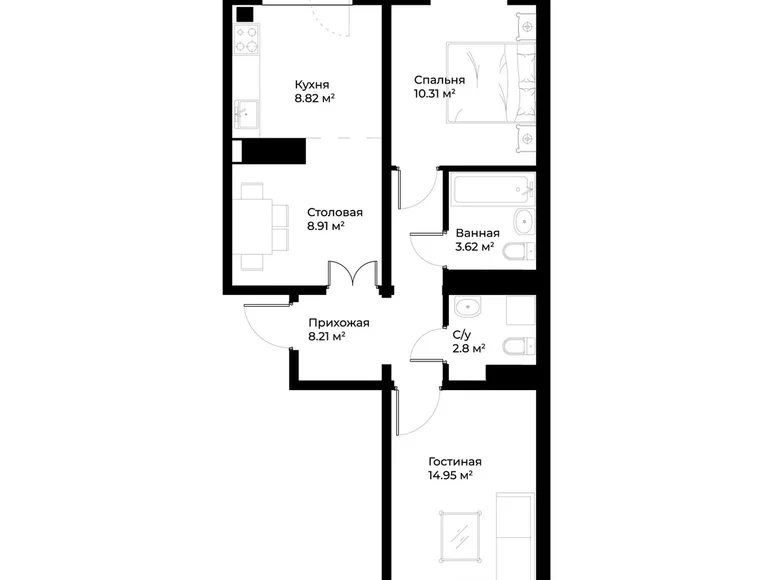 Квартира 2 комнаты 59 м² Ташкент, Узбекистан