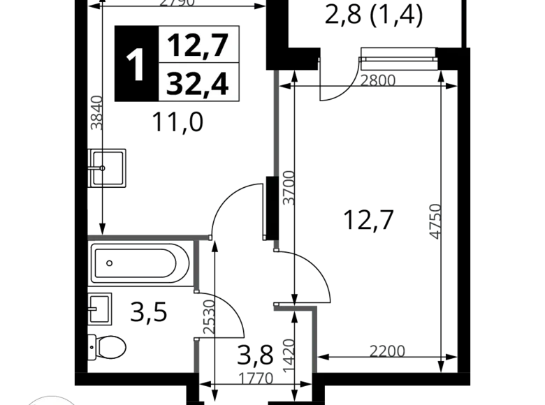 1 room apartment 32 m² Potapovo, Russia