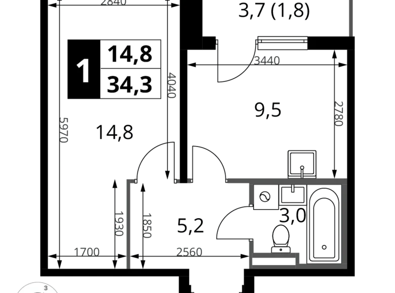 Wohnung 1 zimmer 34 m² Potapovo, Russland