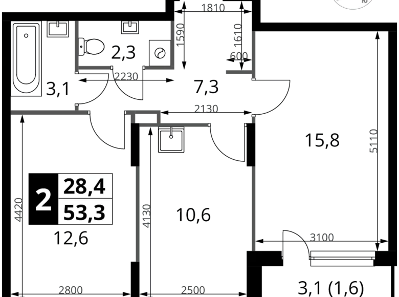 Apartamento 2 habitaciones 53 m² Potapovo, Rusia