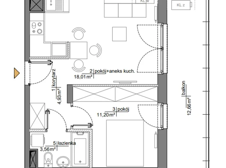 2 room apartment 39 m² Warsaw, Poland