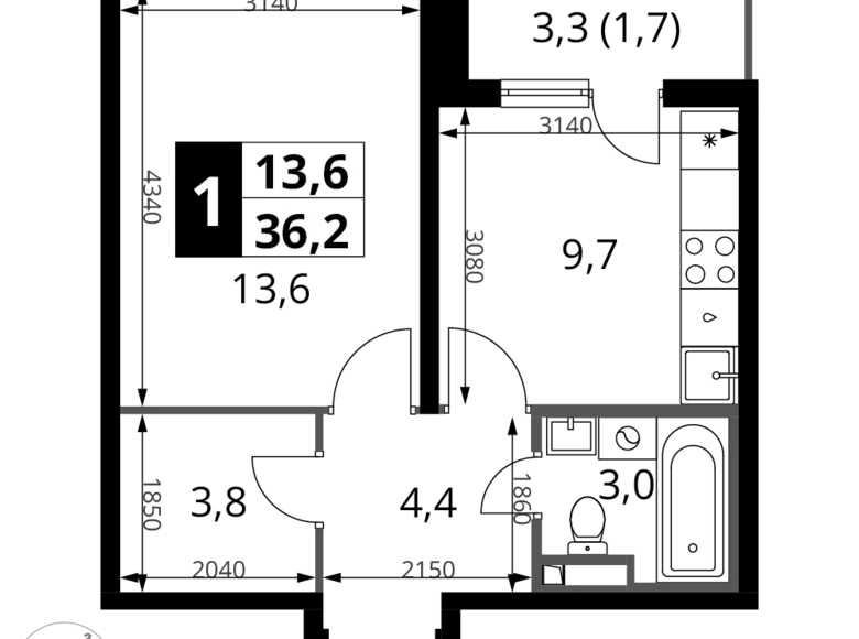 1 room apartment 36 m² Potapovo, Russia